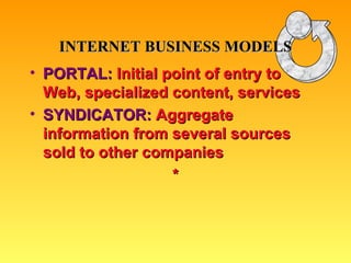 PORTAL:  Initial point of entry to Web, specialized content, services SYNDICATOR:  Aggregate information from several sources sold to other companies * INTERNET BUSINESS MODELS 