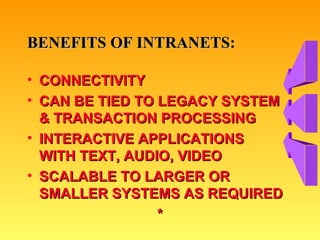 BENEFITS OF INTRANETS: CONNECTIVITY CAN BE TIED TO LEGACY SYSTEM & TRANSACTION PROCESSING INTERACTIVE APPLICATIONS  WITH TEXT, AUDIO, VIDEO SCALABLE TO LARGER OR SMALLER SYSTEMS AS REQUIRED * 