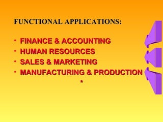 FUNCTIONAL APPLICATIONS: FINANCE & ACCOUNTING HUMAN RESOURCES SALES & MARKETING MANUFACTURING & PRODUCTION * 