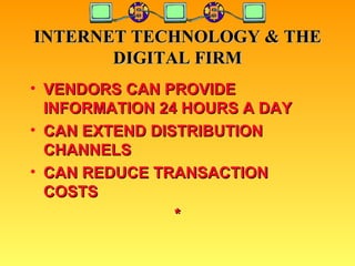 INTERNET TECHNOLOGY & THE DIGITAL FIRM VENDORS CAN PROVIDE INFORMATION 24 HOURS A DAY CAN EXTEND DISTRIBUTION CHANNELS CAN REDUCE TRANSACTION COSTS * 