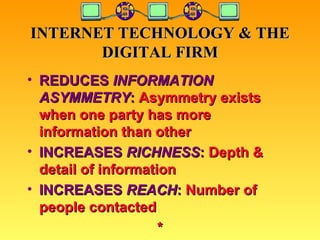 INTERNET TECHNOLOGY & THE DIGITAL FIRM REDUCES  INFORMATION ASYMMETRY :  Asymmetry exists when one party has more information than other INCREASES  RICHNESS :  Depth & detail of information INCREASES  REACH :  Number of people contacted * 