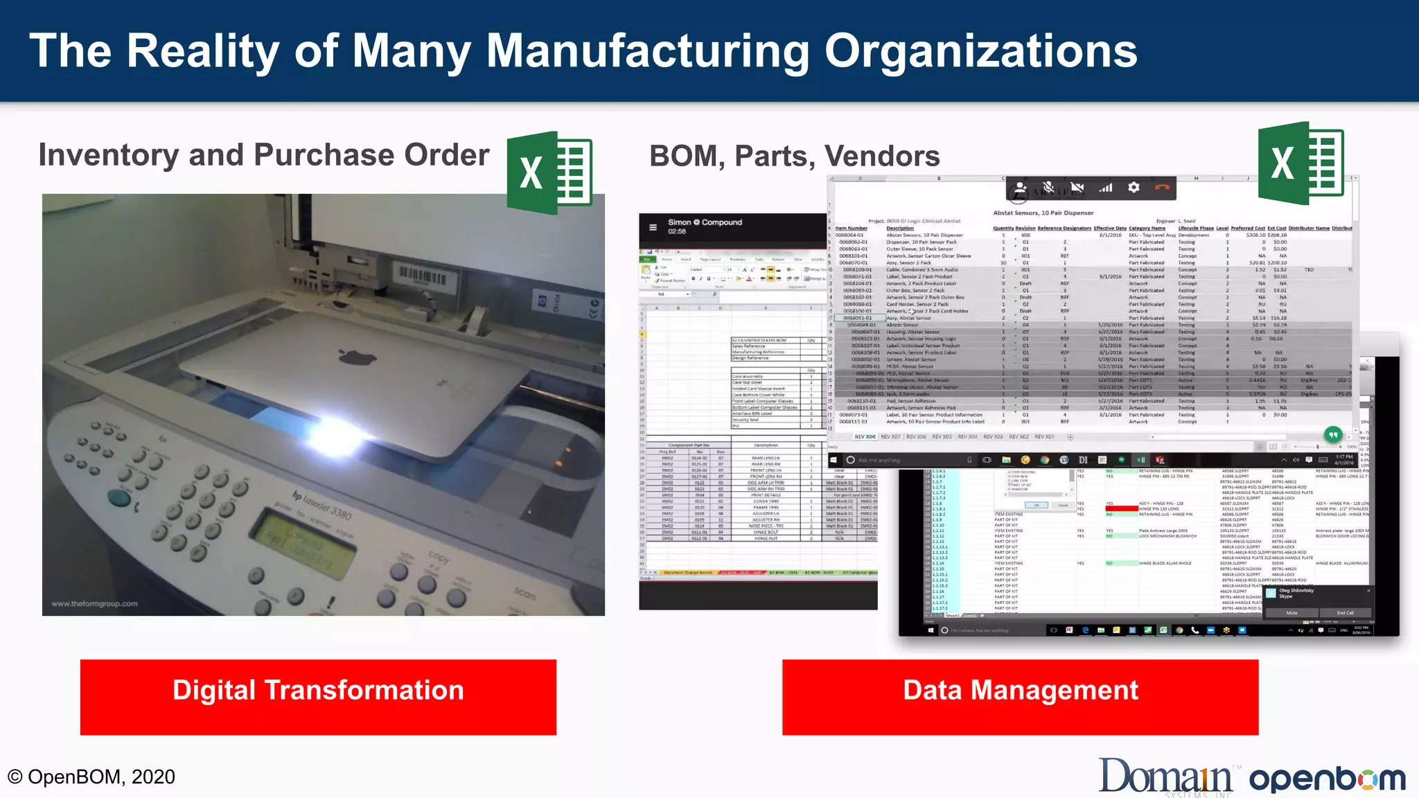 The Reality of Many Manufacturing Organizations
Digital Transformation Data Management
Inventory and Purchase Order BOM, Parts, Vendors
© OpenBOM, 2020
 