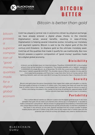 Gold has played a central role in economics driven by physical exchange,
we have already entered a digital phase, thanks to the internet.
Digitalisation serves several benefits, resulting in ease-of-living.
Digitalisation is helping several industries evolve, including our monetary
and payment systems. Bitcoin is said to be the digital gold of the 21st
century and threatens to displace gold as the ultimate monetary asset.
Gold has all the qualities that made it qualify for use traditionally. But now
bitcoin possess a superior composition of "good money" qualities made
for a digital global economy.
B L A C K C H A I N .
G U R U
B I T C O I N
B E T T E R
bitcoin
possess
a
superior
composi
tion of
"good
money"
qualities
made
for a
digital
global
econom
y.
Bitcoin is better than gold
D i v i s i b i l i t y
A bitcoin can be divided down to 8 decimal places. Therefore, 0.00000001 BTC is the smallest
amount that can be handled in a transaction. The smallest possible unit, a 'satoshi', represents
0.00000001 of a single Bitcoin. As of December 7th 2019, the current price of Bitcoin is $7537,
this means 1 satoshi equals $0.00007537. This divisible nature of Bitcoin enables it to be used for
micro-payments purposes and financing in ways that other forms of money cannot. With
lightning network, users can even send $0.01 and pay the transaction fees in fractions of a cent.
S c a r c i t y
Bitcoin and gold share the same characteristic that makes then viable and valuable i.e, scarcity.
The total supply of bitcoin is limited to 21 million coins. This means that there will never be more
than 21 million coins in the market. It is estimated that it will take 121 years for bitcoin to reach 21
million coins being circulated in the market. At the time of writing this, approximately 18.087
million bitcoins have been issued and is now in circulation.
P o r t a b i l i t y
This is where Bitcoin stands out. Bitcoin is said to be the digital gold because it's far more
portable than gold. All we need is an internet and a device (pc or smartphone) to be able to
make a transaction using bitcoin. Bitcoin knows no geographical boundaries or restrictions and
this unique feature allows users to send bitcoins quickly and securely, to and from anywhere in
the world, in any amount, at low costs. Statista reported that the current number of global
mobile phone users are 4.7 billion (may 2019). And so this means that 4.7 billion users are the
potential user of bitcoin as they can already carry, send or receive bitcoins.
 