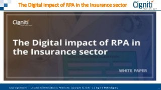 www.cigniti.com | Unsolicited Distribution is Restricted. Copyright © 2020 - 21, Cigniti Technologies 1
The Digital impact of RPA in the Insurance sector
 
