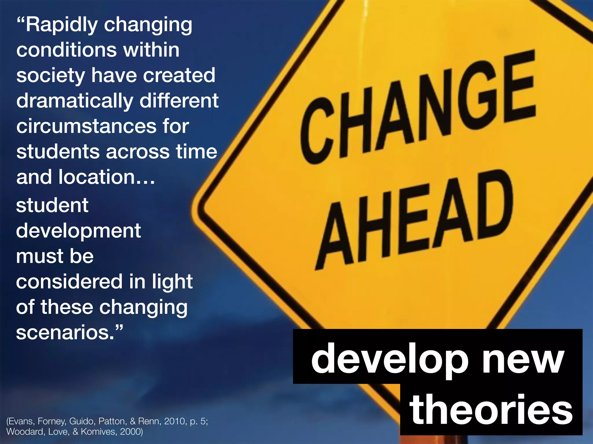 (Evans, Forney, Guido, Patton, & Renn, 2010, p. 5;
Woodard, Love, & Komives, 2000)
“Rapidly changing
conditions within
society have created
dramatically different
circumstances for
students across time
and location…
student
development
must be
considered in light
of these changing
scenarios.”
develop new
theories
 