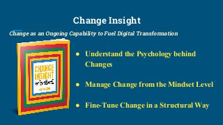 Change Insight
Change as an Ongoing Capability to Fuel Digital Transformation
● Understand the Psychology behind
Changes
● Manage Change from the Mindset Level
● Fine-Tune Change in a Structural Way
 