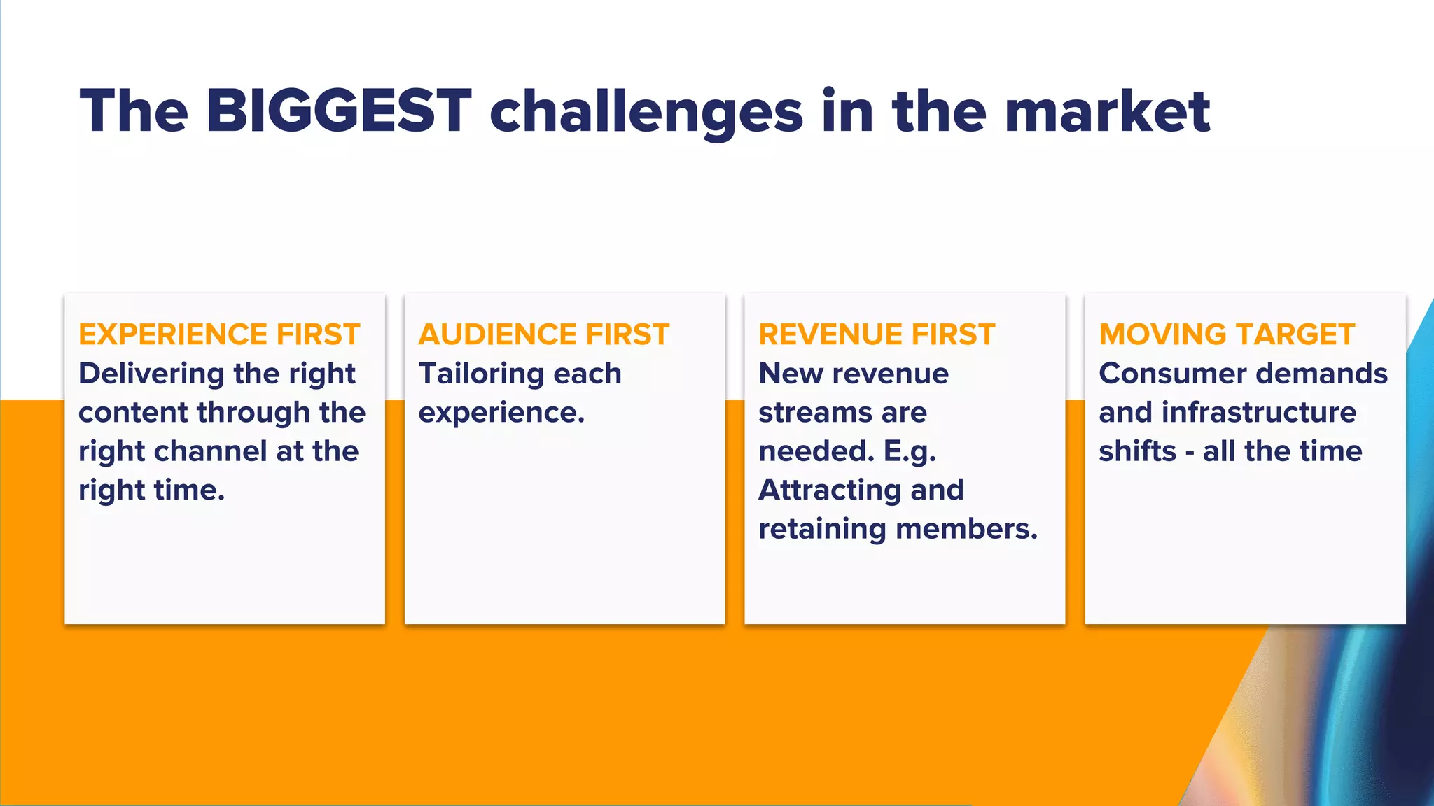 EXPERIENCE FIRST
Delivering the right
content through the
right channel at the
right time.
AUDIENCE FIRST
Tailoring each
experience.
REVENUE FIRST
New revenue
streams are
needed. E.g.
Attracting and
retaining members.
MOVING TARGET
Consumer demands
and infrastructure
shifts - all the time
The BIGGEST challenges in the market
 