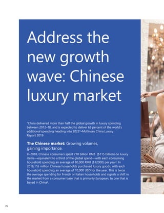 China delivered
more than
half the global
growth in
luxury spending
between
2012–18, and
is expected
to deliver 65
percent...
