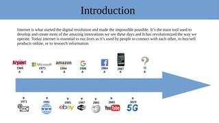 Internet is what started the digital revolution and made the impossible possible. It’s the main tool used to
develop and create most of the amazing innovations we see these days and It has revolutionized the way we
operate. Today internet is essential to our lives as it’s used by people to connect with each other, to buy/sell
products online, or to research information.
Introduction
1971
1969
1991
1975 1994
1995
1998
1997 2001
2004
2005
2007
2019
 