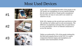 Most Used Devices
Tablets are preferred by 12% of the people making this
the third most popular device in the UK. It is a great
compromise between laptop and smartphone as it
includes some functionalities of both.
As per 2021, it is estimated that 60% of the people in the
UK mostly use smartphones to access internet making
this the most used device. People prefer smartphones
because they are easy to carry and it can connect us
wherever we are.
With 16%, laptops are the second most used device in the
UK and they are widely used in work environments. The
difference in popularity is because they are quite heavy
to carry and require a Wi-Fi or Ethernet connection to
access the internet.
#1
#2
#3
 