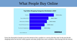 What People Buy Online
Every day thousands of people access the internet to buy a product or a service that they need. In the past decade
shopping online has become widely popular and today people have more confidence when buying from the internet.
 
