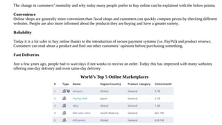 World’s Top 5 Online Marketplaces
The change in customers’ mentality and why today many people prefer to buy online can be explained with the below points:
Convenience
Online shops are generally more convenient than fiscal shops and customers can quickly compare prices by checking different
websites. People are also more informed about the products they are buying and have a greater variety.
Reliability
Today it is a lot safer to buy online thanks to the introduction of secure payment systems (i.e. PayPal) and product reviews.
Customers can read about a product and find out other customers’ opinions before purchasing something.
Fast Deliveries
Just a few years ago, people had to wait days if not weeks to receive an order. Today this has improved with many websites
offering one-day delivery and even same-day delivery.
 