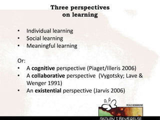 Three perspectives
on learning
• Individual learning
• Social learning
• Meaningful learning
Or:
• A cognitive perspective (Piaget/Illeris 2006)
• A collaborative perspective (Vygotsky; Lave &
Wenger 1991)
• An existential perspective (Jarvis 2006)
 