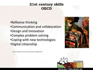 21st century skills
OECD
•Reflexive thinking
•Communication and collaboration
•Design and Innovation
•Complex problem solving
•Coping with new technologies
•Digital citizenship
Source: Ole Sejer Iversen 2016, Danmarks Læringsfestival
 