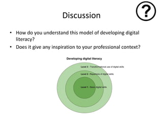 Discussion
• How do you understand this model of developing digital
literacy?
• Does it give any inspiration to your professional context?
 