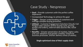 Case Study - Nespresso
• Goal – Provide customers with the perfect coffee
experience
• Incorporated Technology to achieve this goal
• Trigger – Deeper understanding of customers and
manage complex buying processes
• Utilised – Customer Engagement Solutions [Cloud], Full-
fledged sales solution [entire buying cycle; pricing,
quotes and orders], external data sources like; social
media
• Benefits – Greater penetration of markets, higher sales
and user adoption and greater visibility. Enhanced
business processes. Shorter delivery times [4 weeks].
Single optimised view of their supply chain
 