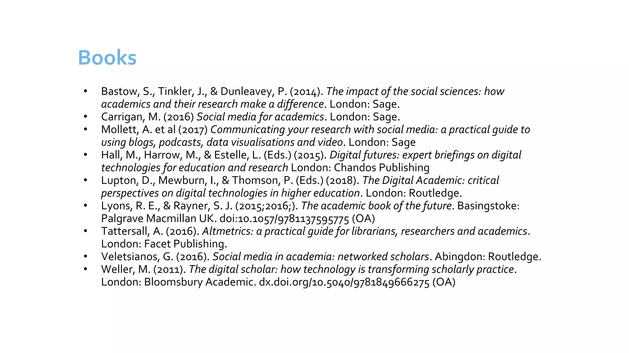 Books
• Bastow, S., Tinkler, J., & Dunleavey, P. (2014). The impact of the social sciences: how
academics and their research make a difference. London: Sage.
• Carrigan, M. (2016) Social media for academics. London: Sage.
• Mollett, A. et al (2017) Communicating your research with social media: a practical guide to
using blogs, podcasts, data visualisations and video. London: Sage
• Hall, M., Harrow, M., & Estelle, L. (Eds.) (2015). Digital futures: expert briefings on digital
technologies for education and research London: Chandos Publishing
• Lupton, D., Mewburn, I., & Thomson, P. (Eds.) (2018). The Digital Academic: critical
perspectives on digital technologies in higher education. London: Routledge.
• Lyons, R. E., & Rayner, S. J. (2015;2016;). The academic book of the future. Basingstoke:
Palgrave Macmillan UK. doi:10.1057/9781137595775 (OA)
• Tattersall, A. (2016). Altmetrics: a practical guide for librarians, researchers and academics.
London: Facet Publishing.
• Veletsianos, G. (2016). Social media in academia: networked scholars. Abingdon: Routledge.
• Weller, M. (2011). The digital scholar: how technology is transforming scholarly practice.
London: Bloomsbury Academic. dx.doi.org/10.5040/9781849666275 (OA)
 