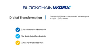 Digital Transformation
The digital playbook to stay relevant and keep pace
in a post Covid-19 world
A Four-Dimensional Framework
A Plan For The First 90 Days
The Quick-Digital Tech Portfolio
 