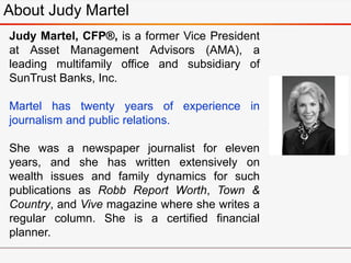 About Judy Martel
Judy Martel, CFP®, is a former Vice President
at Asset Management Advisors (AMA), a
leading multifamily ...