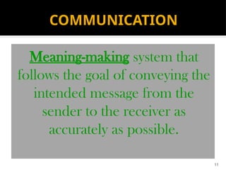 11
COMMUNICATION
Meaning-making system that
follows the goal of conveying the
intended message from the
sender to the receiver as
accurately as possible.
 