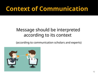 12
Context of Communication
Message should be interpreted
according to its context
(according to communication scholars and experts)
 