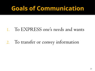 23
Goals of Communication
1. To EXPRESS one’s needs and wants
2. To transfer or convey information
 