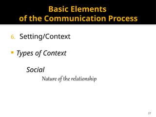 37
Basic Elements
of the Communication Process
6. Setting/Context
 Types of Context
Social
Nature of the relationship
 