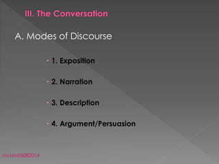A. Modes of Discourse
 1. Exposition
 2. Narration
 3. Description
 4. Argument/Persuasion
mckim05082014
 