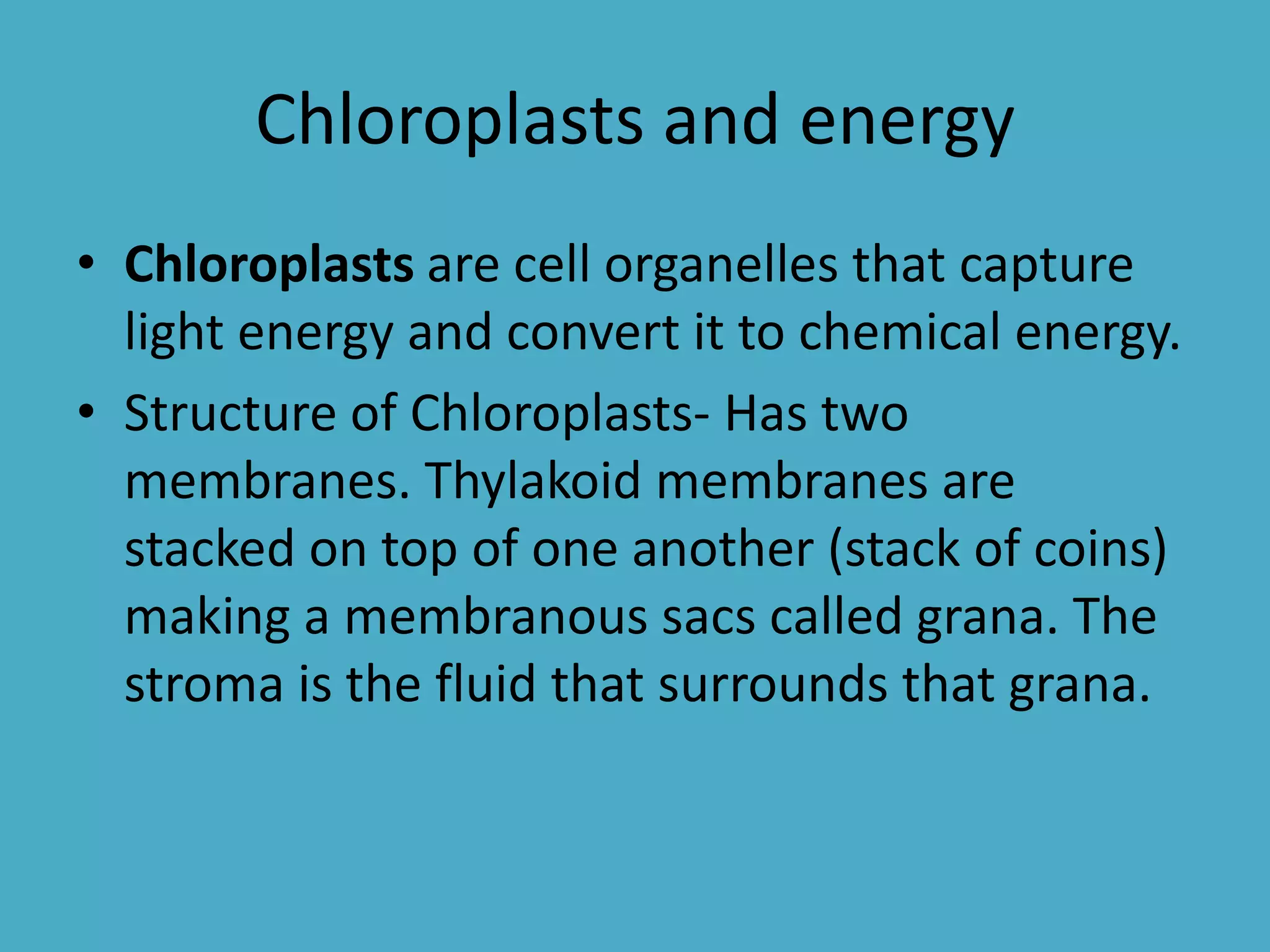 Chloroplasts and energy
• Chloroplasts are cell organelles that capture
light energy and convert it to chemical energy.
• Structure of Chloroplasts- Has two
membranes. Thylakoid membranes are
stacked on top of one another (stack of coins)
making a membranous sacs called grana. The
stroma is the fluid that surrounds that grana.

 