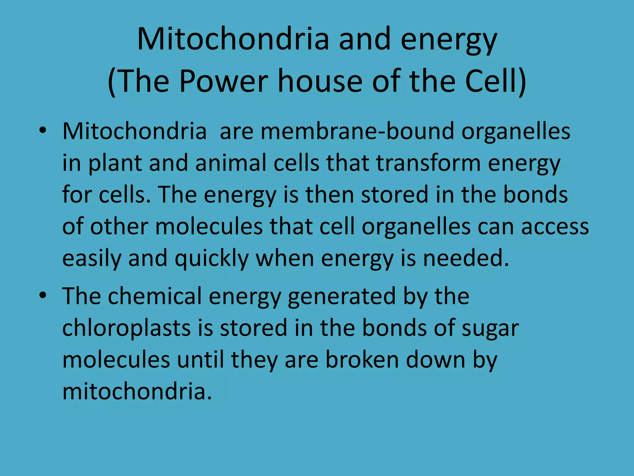 Mitochondria and energy
(The Power house of the Cell)
• Mitochondria are membrane-bound organelles
in plant and animal cells that transform energy
for cells. The energy is then stored in the bonds
of other molecules that cell organelles can access
easily and quickly when energy is needed.
• The chemical energy generated by the
chloroplasts is stored in the bonds of sugar
molecules until they are broken down by
mitochondria.

 