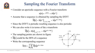 Sampling the Fourier Transform
• Consider an aperiodic sequence with a Fourier transform
• Assume that a sequence is obtained by sampling the DTFT
• Since the DTFT is periodic resulting sequence is also periodic
• We can also write it in terms of the z-transform
• The sampling points are shown in figure
• could be the DFS of a sequence
• Write the corresponding sequence
     
 
 kN/2j
kN/2
j
eXeXkX
~ 



 
  jDTFT
eX]n[x
     
 
 kN/2j
ez
eXzXkX
~
kN/2


 
 kX
~
   





1N
0k
knN/2j
ekX
~
N
1
]n[x~
Mr. HIMANSHU DIWAKAR JRTGI 3
 