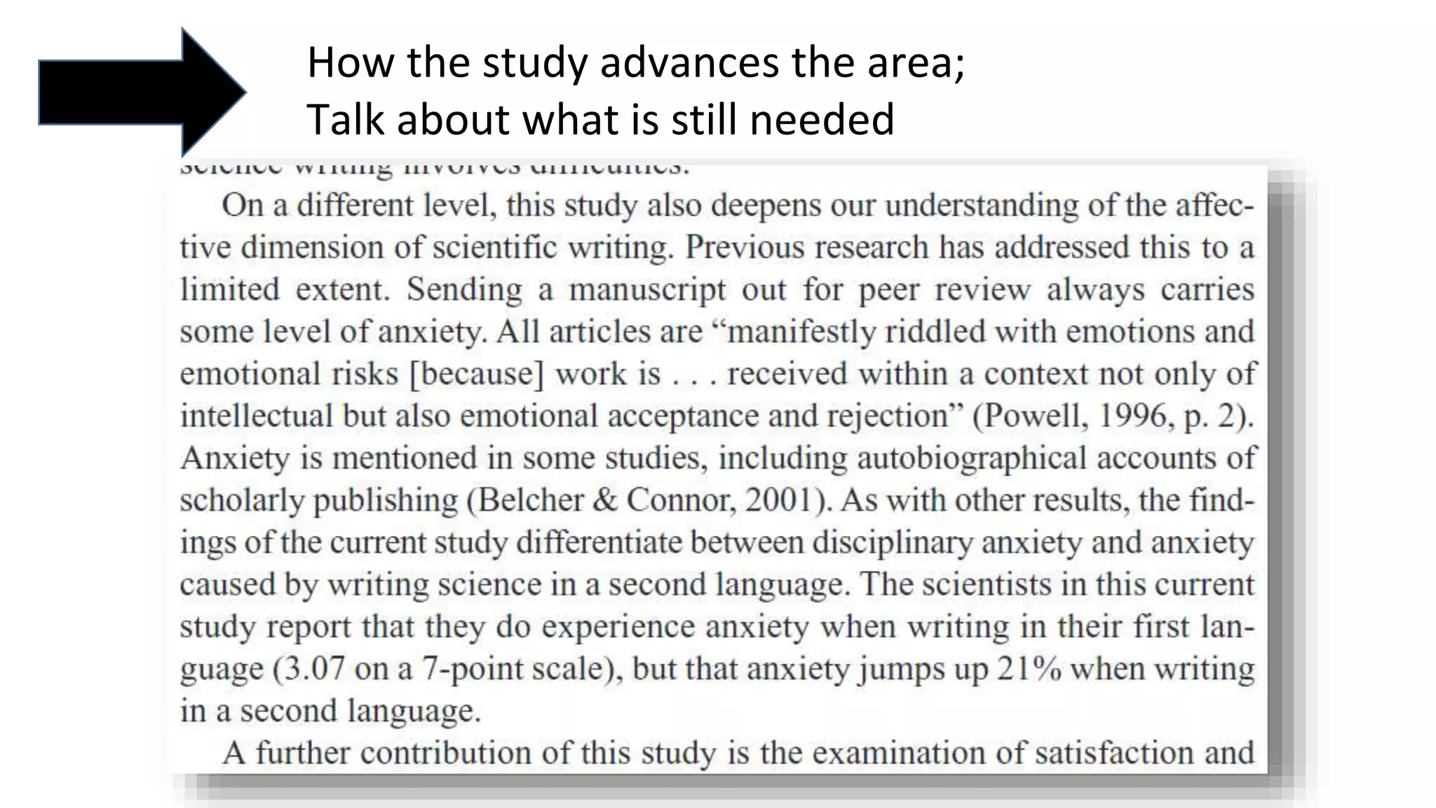 How the study advances the area;
Talk about what is still needed
 