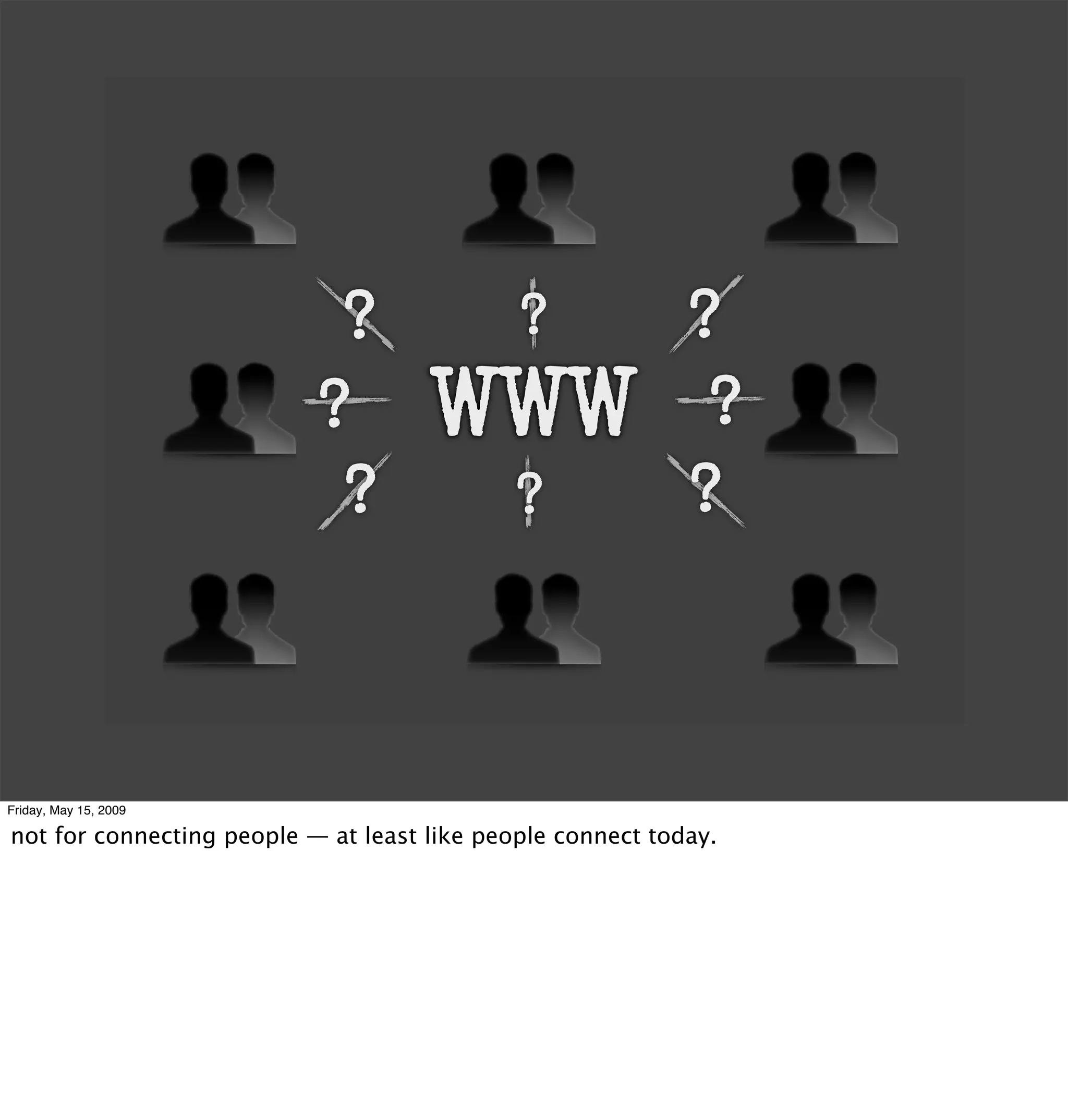 ?                ?              ?
                           ?         WWW                     ?
                            ?               ?               ?



Friday, May 15, 2009

not for connecting people — at least like people connect today.
 