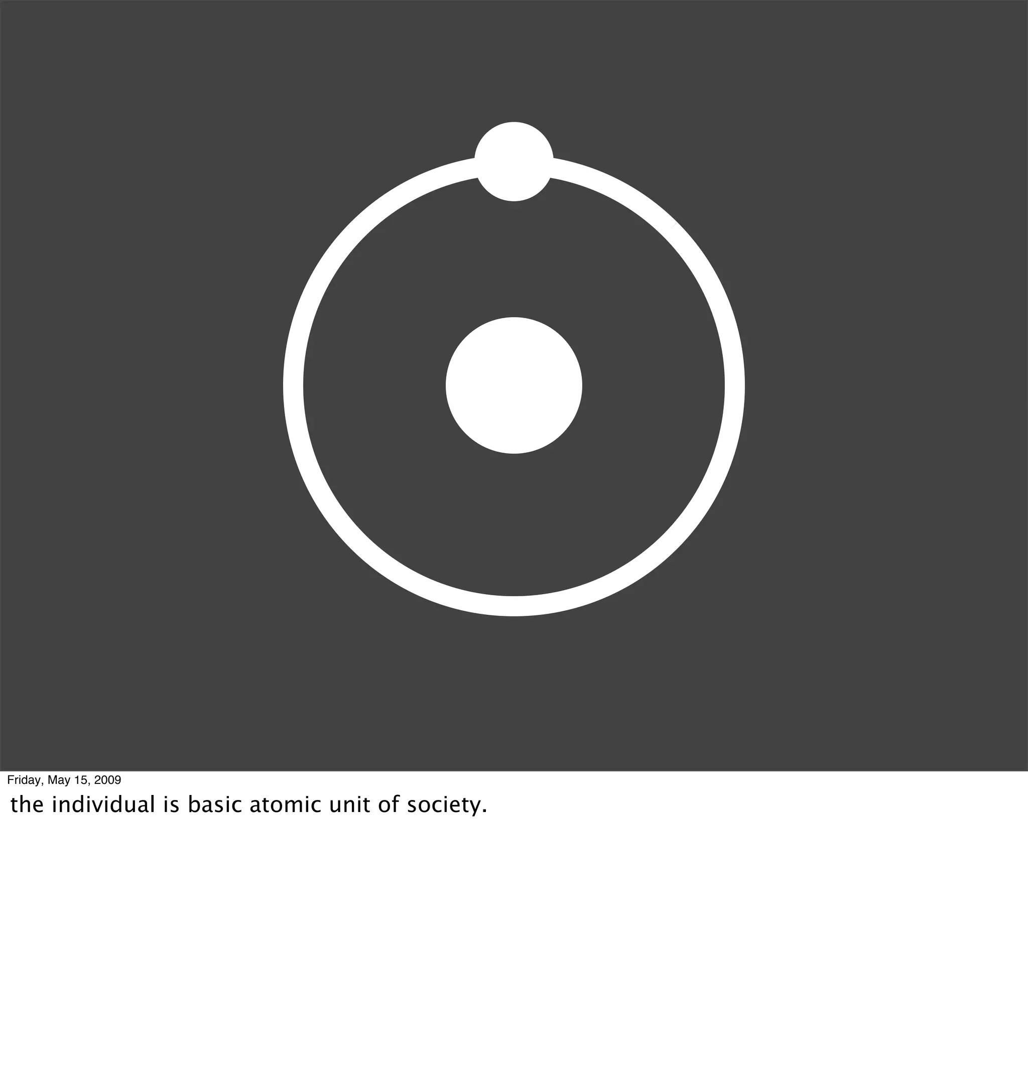 Friday, May 15, 2009

the individual is basic atomic unit of society.
 