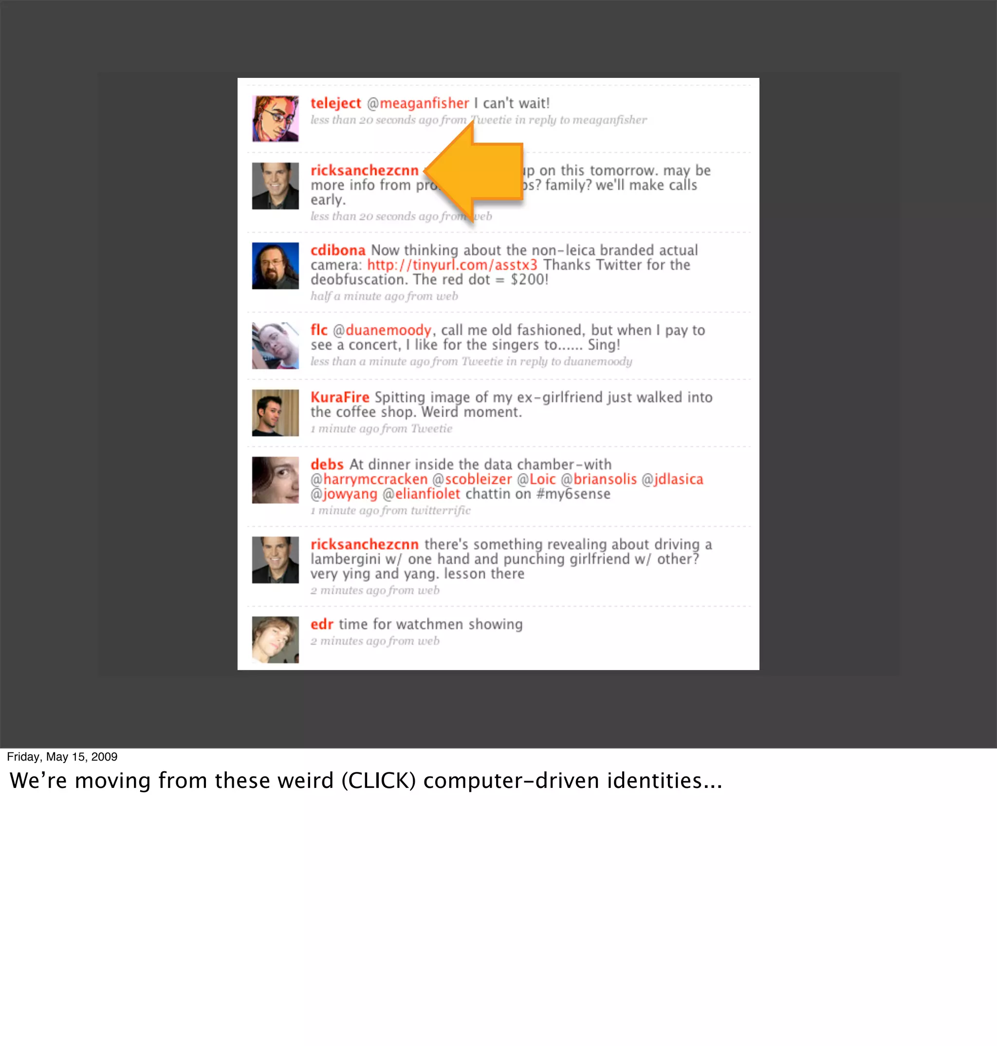 Friday, May 15, 2009

We’re moving from these weird (CLICK) computer-driven identities...
 