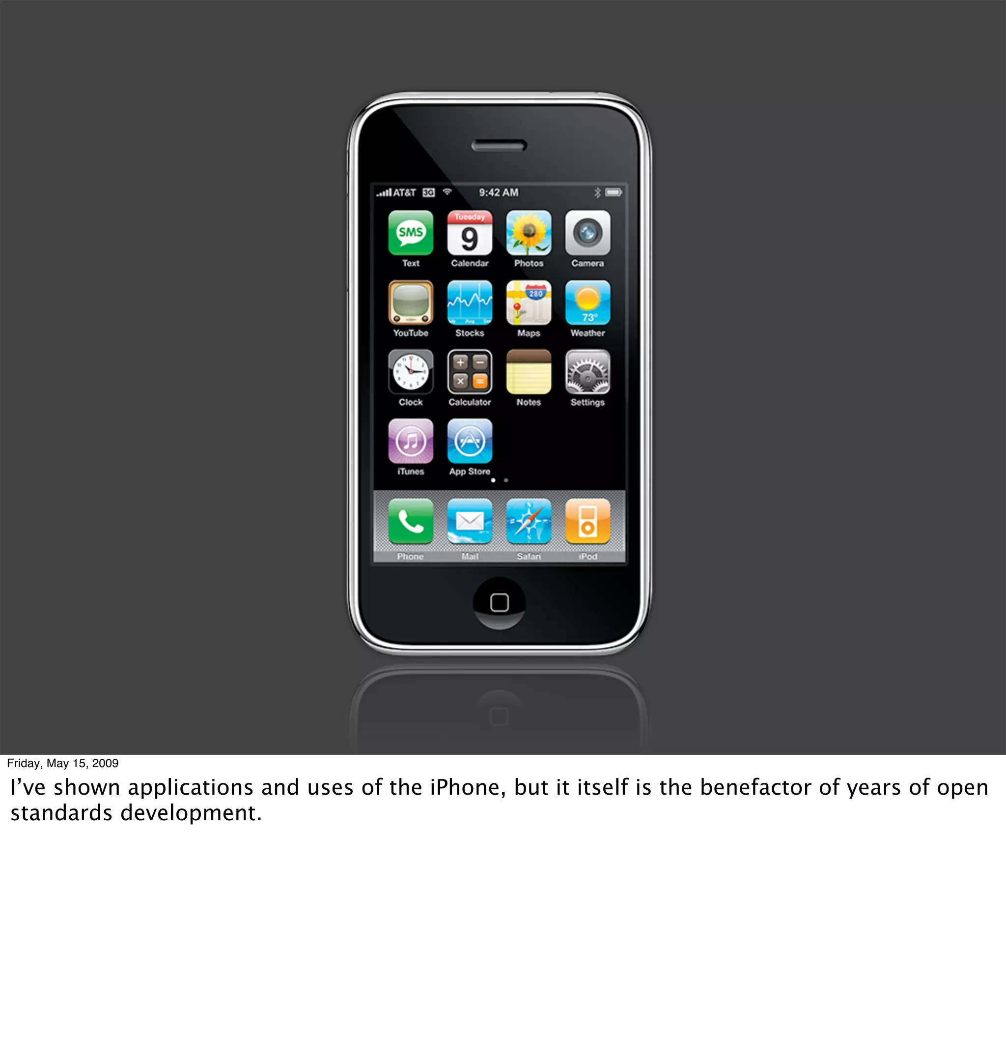 Friday, May 15, 2009

I’ve shown applications and uses of the iPhone, but it itself is the benefactor of years of open
standards development.
 