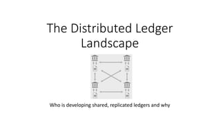 The Distributed Ledger
Landscape
Who is developing shared, replicated ledgers and why
 