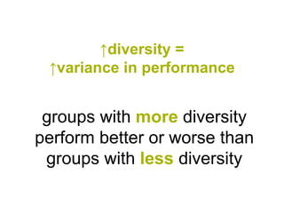 ↑diversity =
 ↑variance in performance


 groups with more diversity
perform better or worse than
 groups with less diversity
 