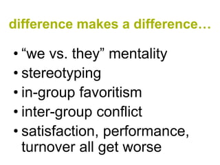 difference makes a difference…

• “we vs. they” mentality
• stereotyping
• in-group favoritism
• inter-group conflict
• satisfaction, performance,
  turnover all get worse
 