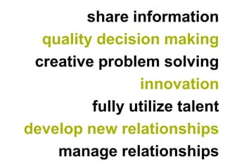 share information
  quality decision making
 creative problem solving
                innovation
         fully utilize talent
develop new relationships
    manage relationships
 