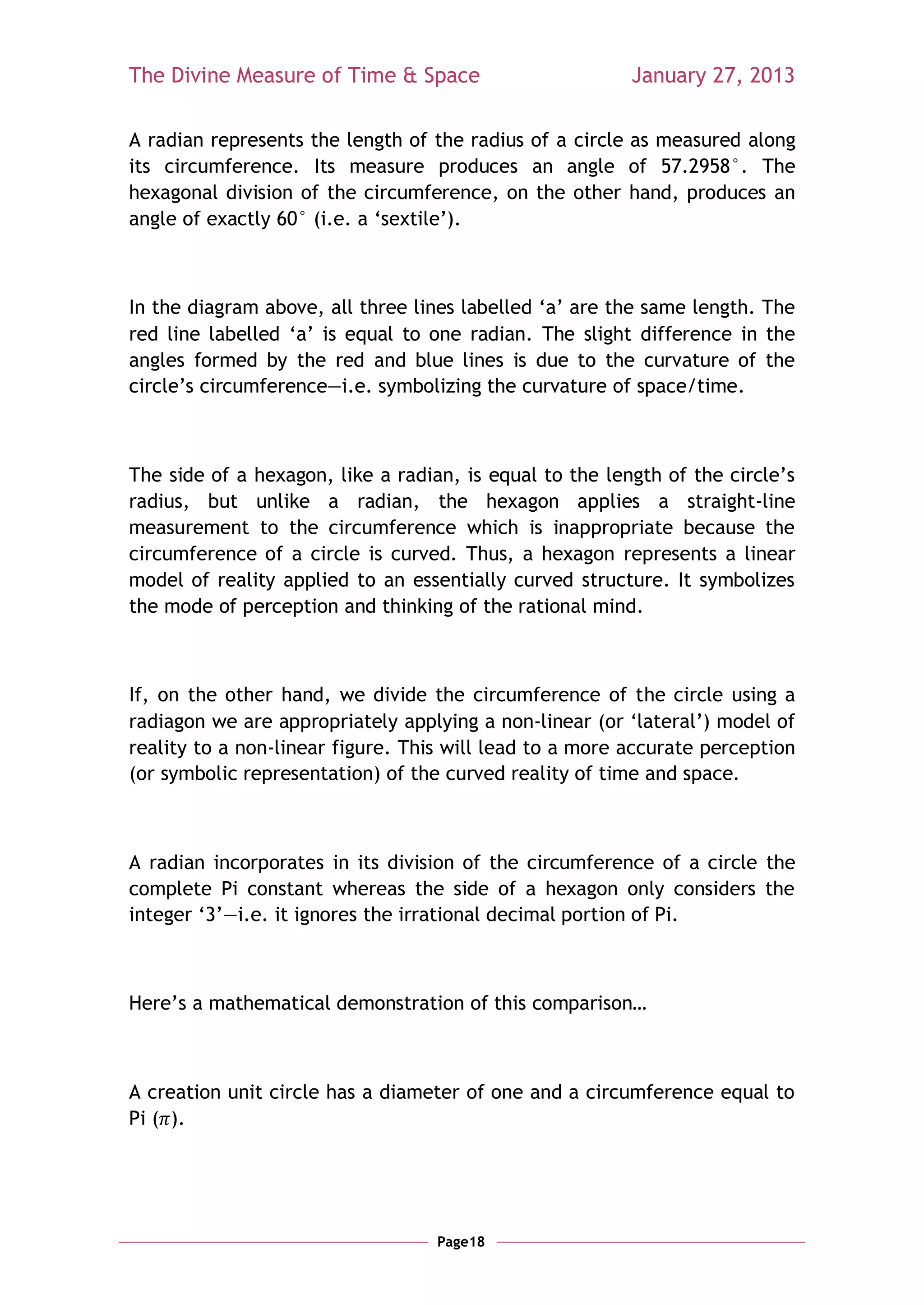 The Divine Measure of Time & Space                       January 27, 2013

A radian represents the length of the radius of a circle as measured along
its circumference. Its measure produces an angle of 57.2958°. The
hexagonal division of the circumference, on the other hand, produces an
angle of exactly 60° (i.e. a ‗sextile‘).



In the diagram above, all three lines labelled ‗a‘ are the same length. The
red line labelled ‗a‘ is equal to one radian. The slight difference in the
angles formed by the red and blue lines is due to the curvature of the
circle‘s circumference—i.e. symbolizing the curvature of space/time.



The side of a hexagon, like a radian, is equal to the length of the circle‘s
radius, but unlike a radian, the hexagon applies a straight-line
measurement to the circumference which is inappropriate because the
circumference of a circle is curved. Thus, a hexagon represents a linear
model of reality applied to an essentially curved structure. It symbolizes
the mode of perception and thinking of the rational mind.



If, on the other hand, we divide the circumference of the circle using a
radiagon we are appropriately applying a non-linear (or ‗lateral‘) model of
reality to a non-linear figure. This will lead to a more accurate perception
(or symbolic representation) of the curved reality of time and space.



A radian incorporates in its division of the circumference of a circle the
complete Pi constant whereas the side of a hexagon only considers the
integer ‗3‘—i.e. it ignores the irrational decimal portion of Pi.



Here‘s a mathematical demonstration of this comparison…



A creation unit circle has a diameter of one and a circumference equal to
Pi ( ).




                                   Page18
 