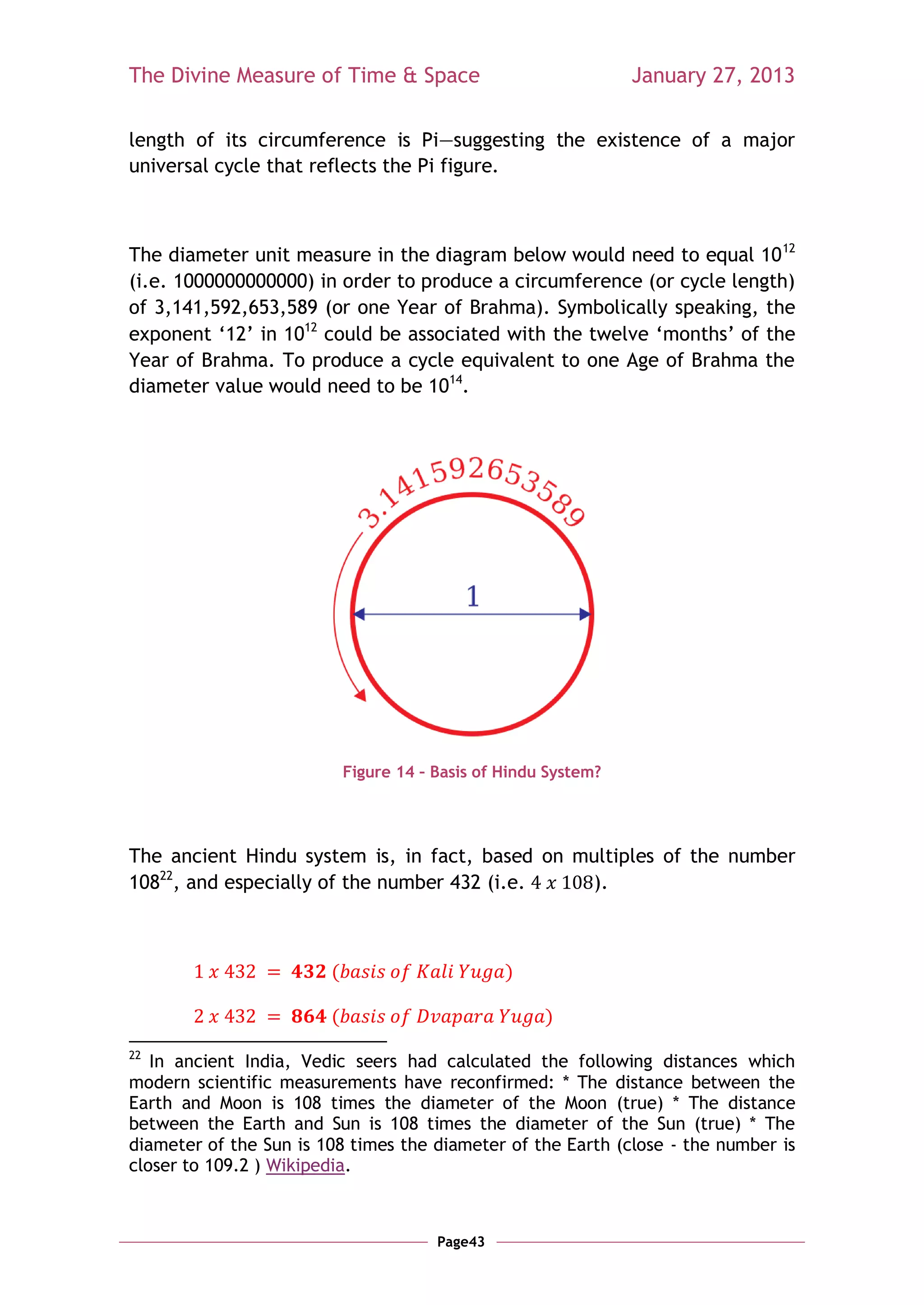 The Divine Measure of Time & Space                               January 27, 2013

length of its circumference is Pi—suggesting the existence of a major
universal cycle that reflects the Pi figure.



The diameter unit measure in the diagram below would need to equal 10 12
(i.e. 1000000000000) in order to produce a circumference (or cycle length)
of 3,141,592,653,589 (or one Year of Brahma). Symbolically speaking, the
exponent ‗12‘ in 1012 could be associated with the twelve ‗months‘ of the
Year of Brahma. To produce a cycle equivalent to one Age of Brahma the
diameter value would need to be 1014.




                            Figure 14 – Basis of Hindu System?




The ancient Hindu system is, in fact, based on multiples of the number
10822, and especially of the number 432 (i.e.   ).



                        (                        )

                        (                             )
22
   In ancient India, Vedic seers had calculated the following distances which
modern scientific measurements have reconfirmed: * The distance between the
Earth and Moon is 108 times the diameter of the Moon (true) * The distance
between the Earth and Sun is 108 times the diameter of the Sun (true) * The
diameter of the Sun is 108 times the diameter of the Earth (close - the number is
closer to 109.2 ) Wikipedia.



                                        Page43
 