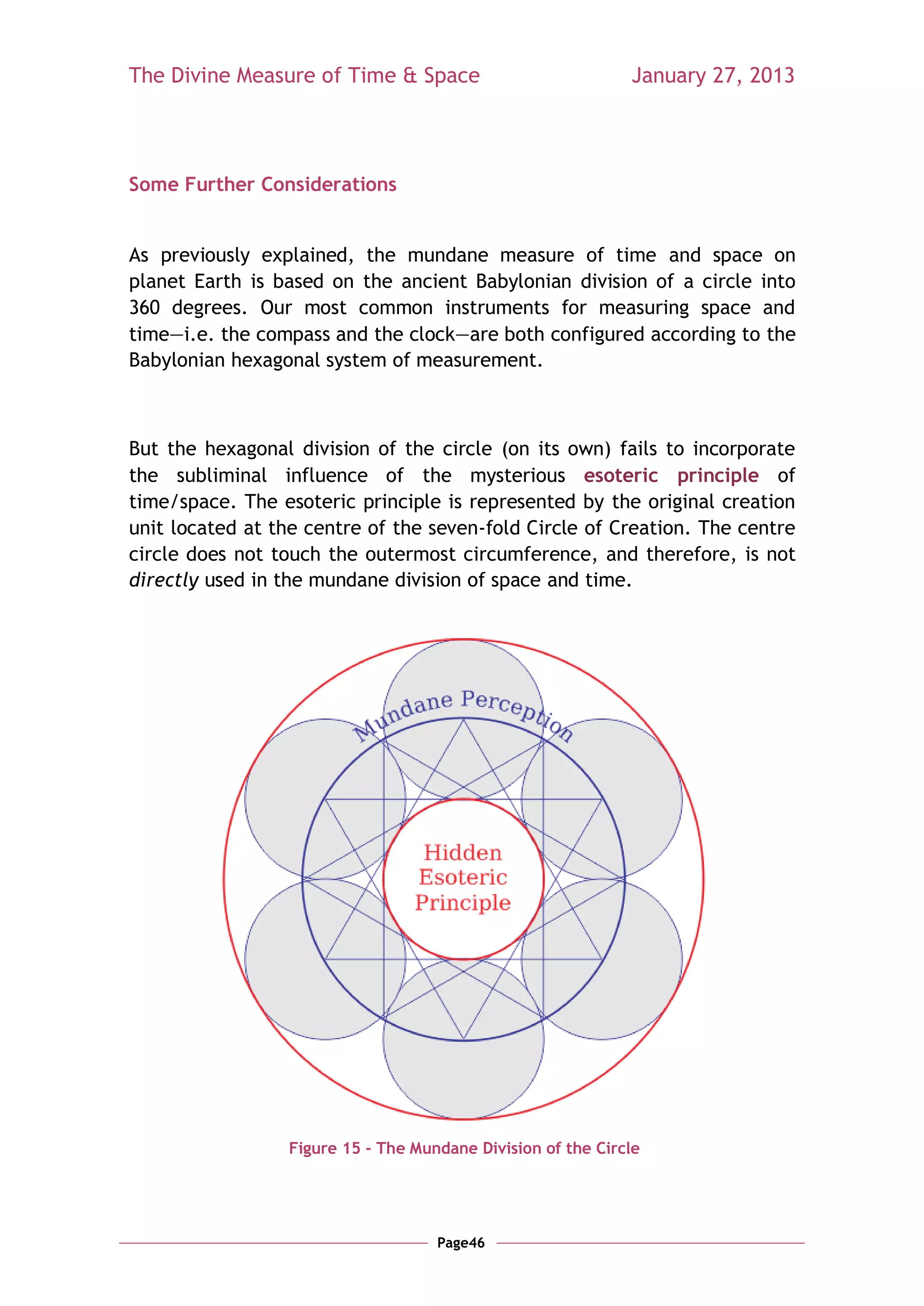The Divine Measure of Time & Space                           January 27, 2013




Some Further Considerations


As previously explained, the mundane measure of time and space on
planet Earth is based on the ancient Babylonian division of a circle into
360 degrees. Our most common instruments for measuring space and
time—i.e. the compass and the clock—are both configured according to the
Babylonian hexagonal system of measurement.



But the hexagonal division of the circle (on its own) fails to incorporate
the subliminal influence of the mysterious esoteric principle of
time/space. The esoteric principle is represented by the original creation
unit located at the centre of the seven-fold Circle of Creation. The centre
circle does not touch the outermost circumference, and therefore, is not
directly used in the mundane division of space and time.




                 Figure 15 - The Mundane Division of the Circle




                                    Page46
 