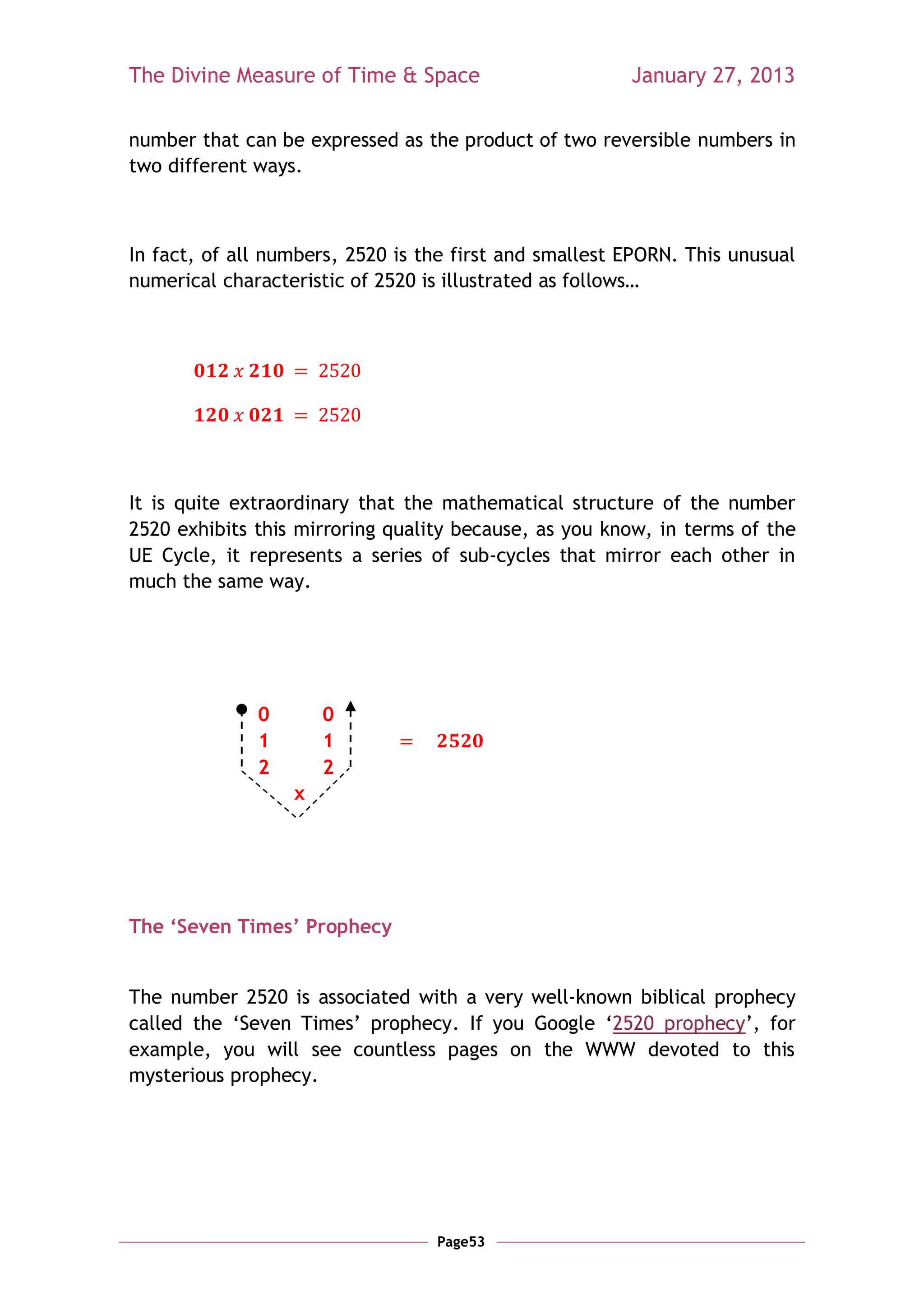 The Divine Measure of Time & Space                      January 27, 2013

number that can be expressed as the product of two reversible numbers in
two different ways.



In fact, of all numbers, 2520 is the first and smallest EPORN. This unusual
numerical characteristic of 2520 is illustrated as follows…




It is quite extraordinary that the mathematical structure of the number
2520 exhibits this mirroring quality because, as you know, in terms of the
UE Cycle, it represents a series of sub-cycles that mirror each other in
much the same way.




              0       0
              1       1
              2       2
                  x




The ‘Seven Times’ Prophecy


The number 2520 is associated with a very well-known biblical prophecy
called the ‗Seven Times‘ prophecy. If you Google ‗2520 prophecy‘, for
example, you will see countless pages on the WWW devoted to this
mysterious prophecy.




                                  Page53
 