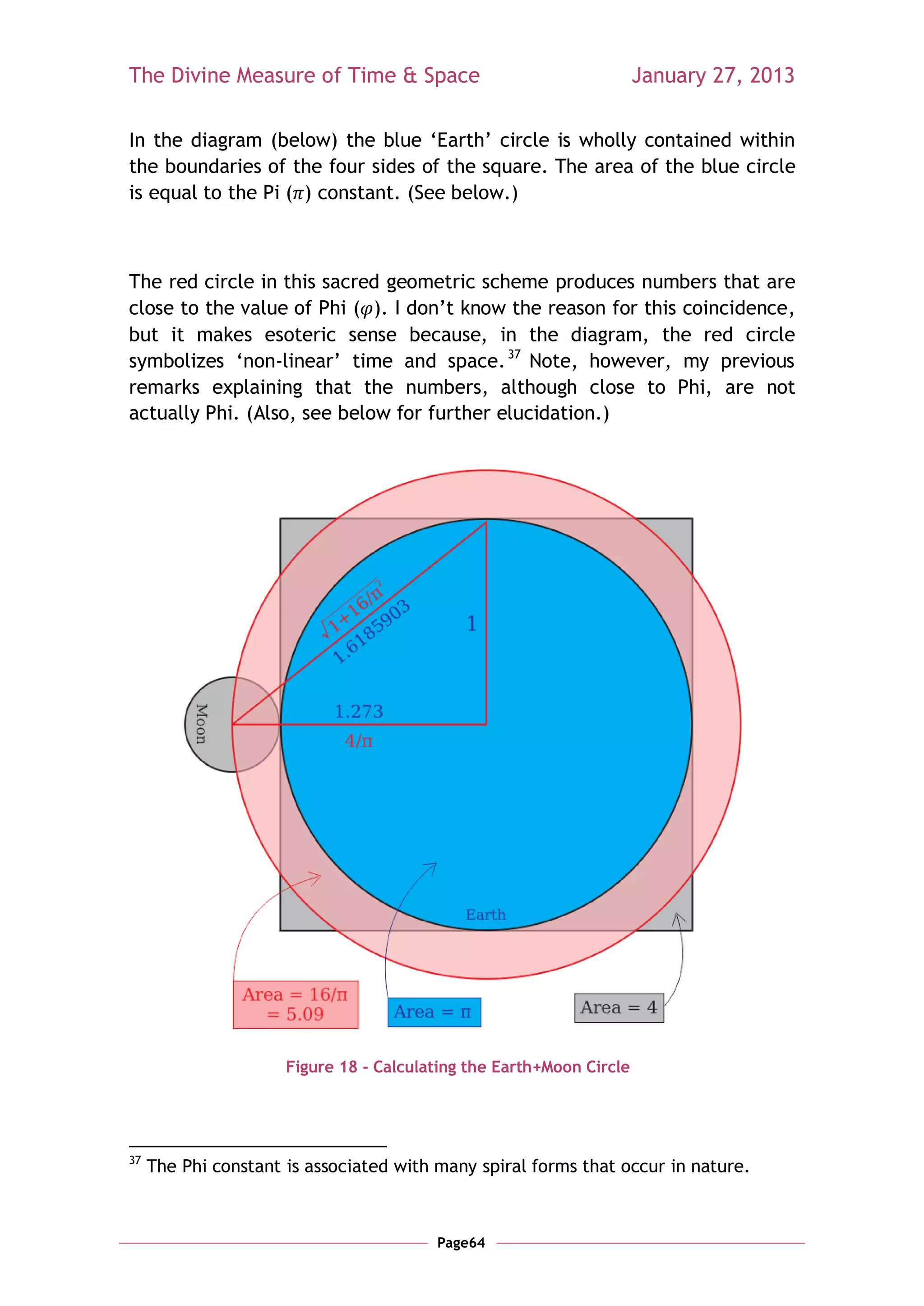 The Divine Measure of Time & Space                                    January 27, 2013

In the diagram (below) the blue ‗Earth‘ circle is wholly contained within
the boundaries of the four sides of the square. The area of the blue circle
is equal to the Pi ( ) constant. (See below.)



The red circle in this sacred geometric scheme produces numbers that are
close to the value of Phi ( ). I don‘t know the reason for this coincidence,
but it makes esoteric sense because, in the diagram, the red circle
symbolizes ‗non-linear‘ time and space. 37 Note, however, my previous
remarks explaining that the numbers, although close to Phi, are not
actually Phi. (Also, see below for further elucidation.)




                      Figure 18 - Calculating the Earth+Moon Circle




37
     The Phi constant is associated with many spiral forms that occur in nature.



                                         Page64
 