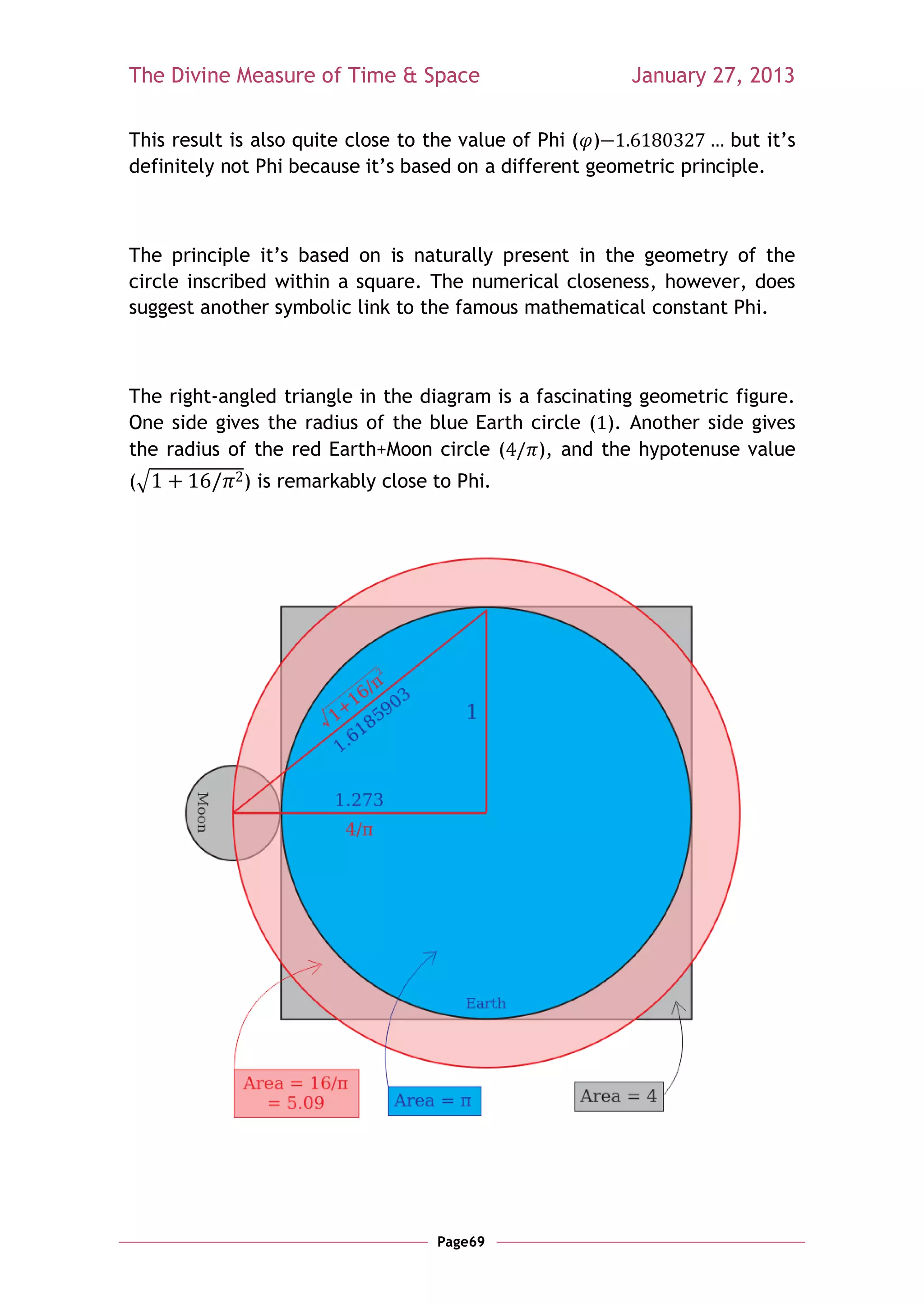 The Divine Measure of Time & Space                        January 27, 2013

This result is also quite close to the value of Phi ( )—             but it‘s
definitely not Phi because it‘s based on a different geometric principle.



The principle it‘s based on is naturally present in the geometry of the
circle inscribed within a square. The numerical closeness, however, does
suggest another symbolic link to the famous mathematical constant Phi.



The right-angled triangle in the diagram is a fascinating geometric figure.
One side gives the radius of the blue Earth circle ( ). Another side gives
the radius of the red Earth+Moon circle (     ), and the hypotenuse value
(√           ) is remarkably close to Phi.




                                   Page69
 
