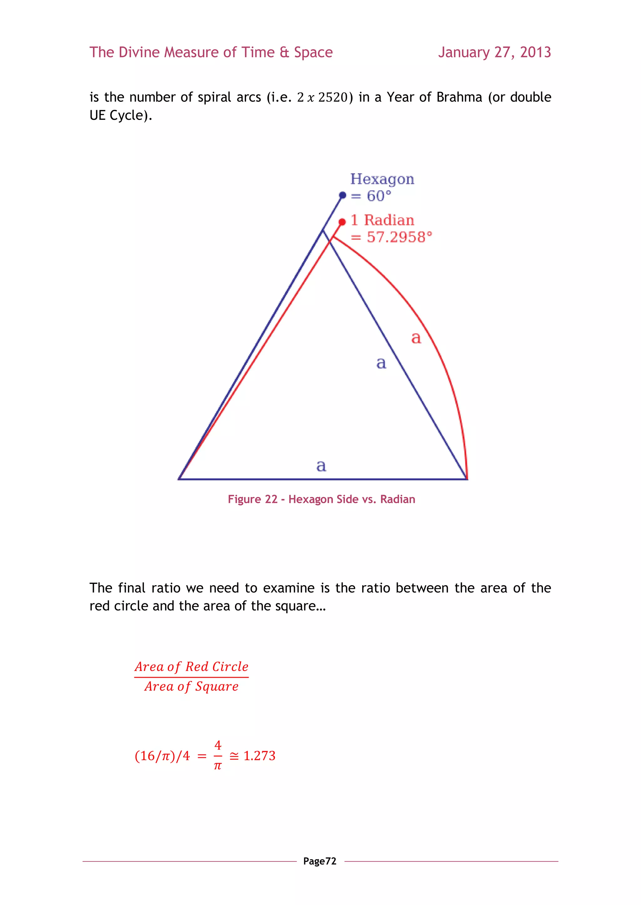 The Divine Measure of Time & Space                           January 27, 2013

is the number of spiral arcs (i.e.            ) in a Year of Brahma (or double
UE Cycle).




                       Figure 22 - Hexagon Side vs. Radian




The final ratio we need to examine is the ratio between the area of the
red circle and the area of the square…




       (     )




                                     Page72
 