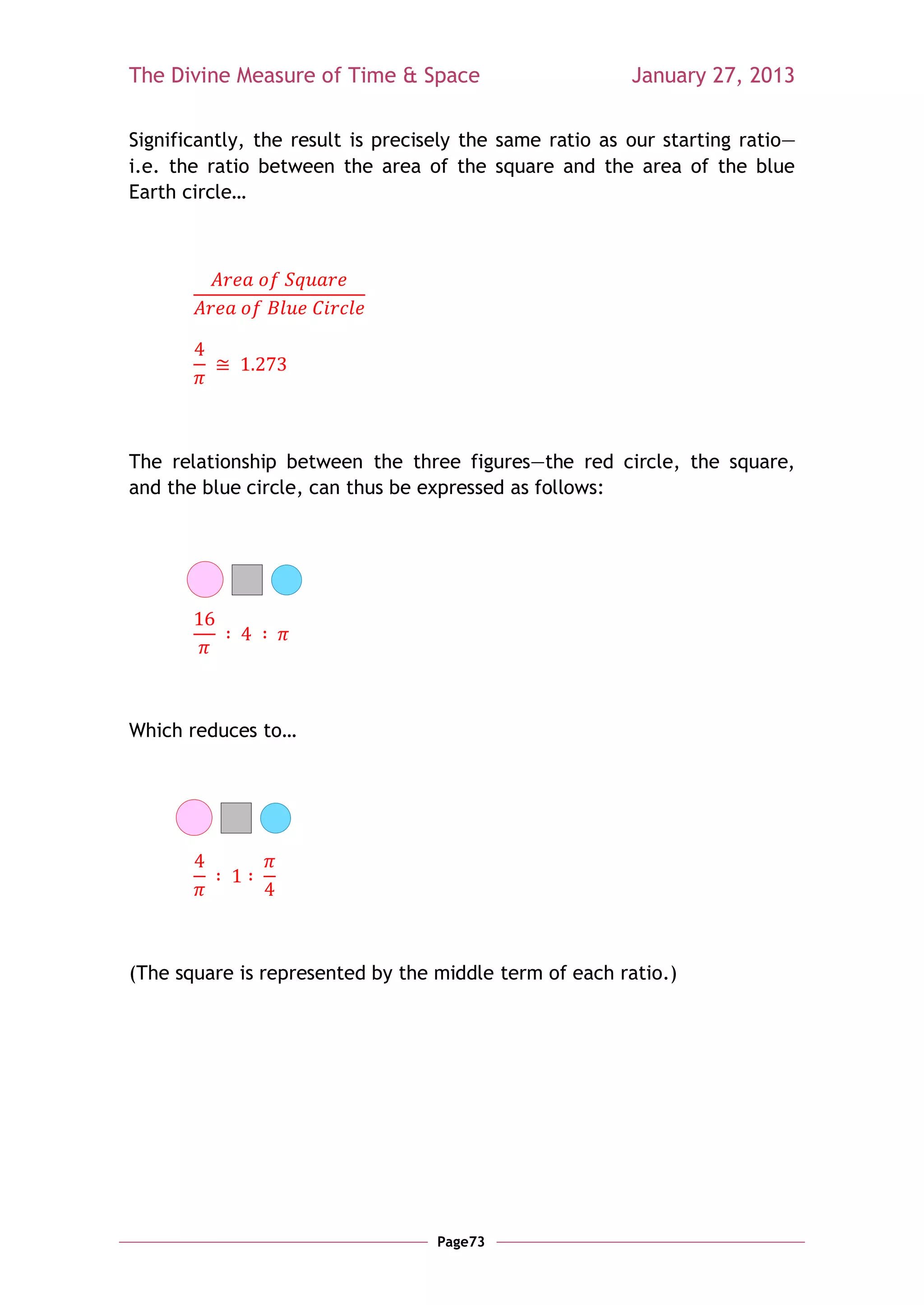 The Divine Measure of Time & Space                       January 27, 2013

Significantly, the result is precisely the same ratio as our starting ratio—
i.e. the ratio between the area of the square and the area of the blue
Earth circle…




The relationship between the three figures—the red circle, the square,
and the blue circle, can thus be expressed as follows:




Which reduces to…




(The square is represented by the middle term of each ratio.)




                                   Page73
 