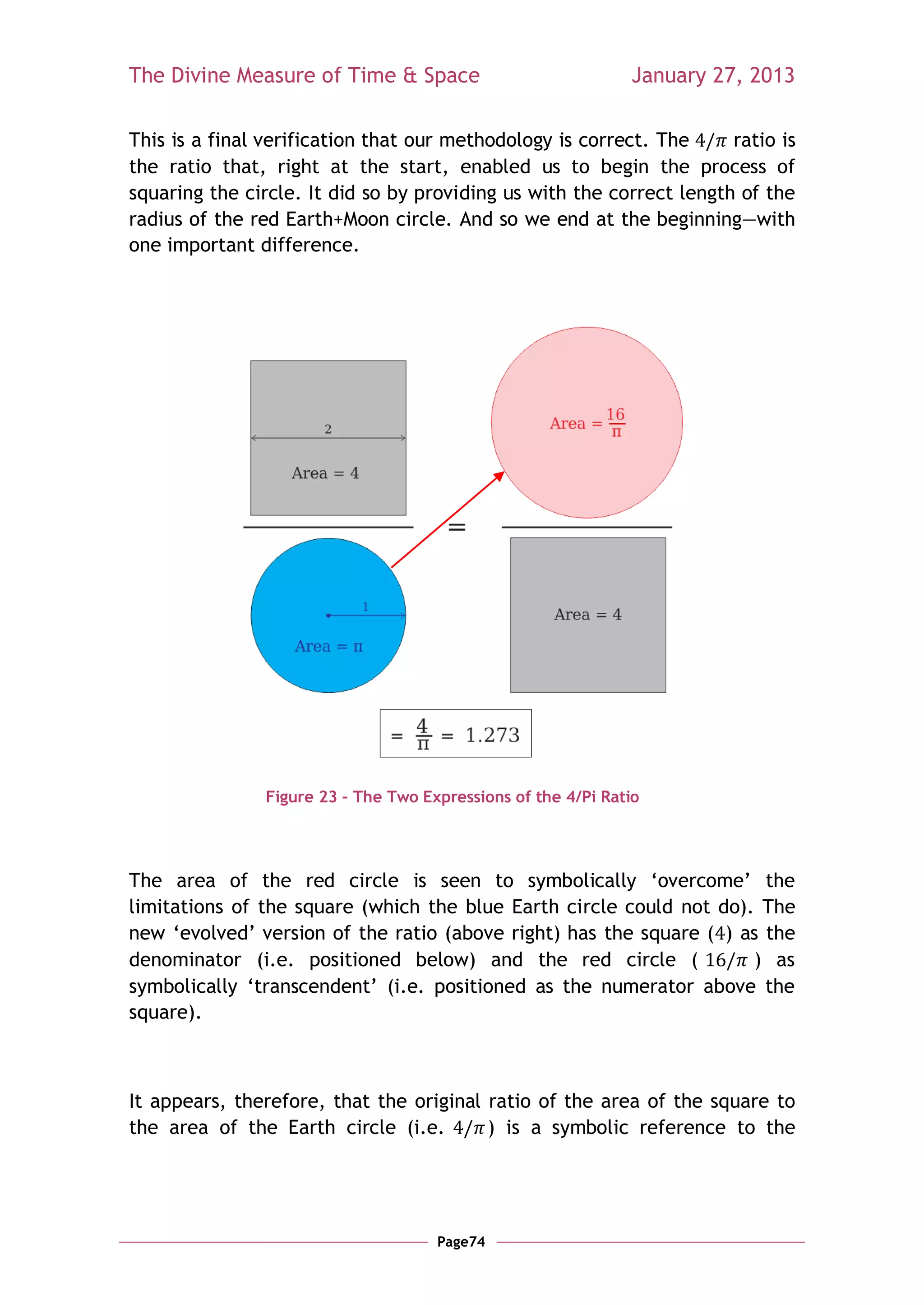 The Divine Measure of Time & Space                            January 27, 2013

This is a final verification that our methodology is correct. The     ratio is
the ratio that, right at the start, enabled us to begin the process of
squaring the circle. It did so by providing us with the correct length of the
radius of the red Earth+Moon circle. And so we end at the beginning—with
one important difference.




               Figure 23 – The Two Expressions of the 4/Pi Ratio




The area of the red circle is seen to symbolically ‗overcome‘ the
limitations of the square (which the blue Earth circle could not do). The
new ‗evolved‘ version of the ratio (above right) has the square ( ) as the
denominator (i.e. positioned below) and the red circle (             ) as
symbolically ‗transcendent‘ (i.e. positioned as the numerator above the
square).



It appears, therefore, that the original ratio of the area of the square to
the area of the Earth circle (i.e.       ) is a symbolic reference to the




                                     Page74
 