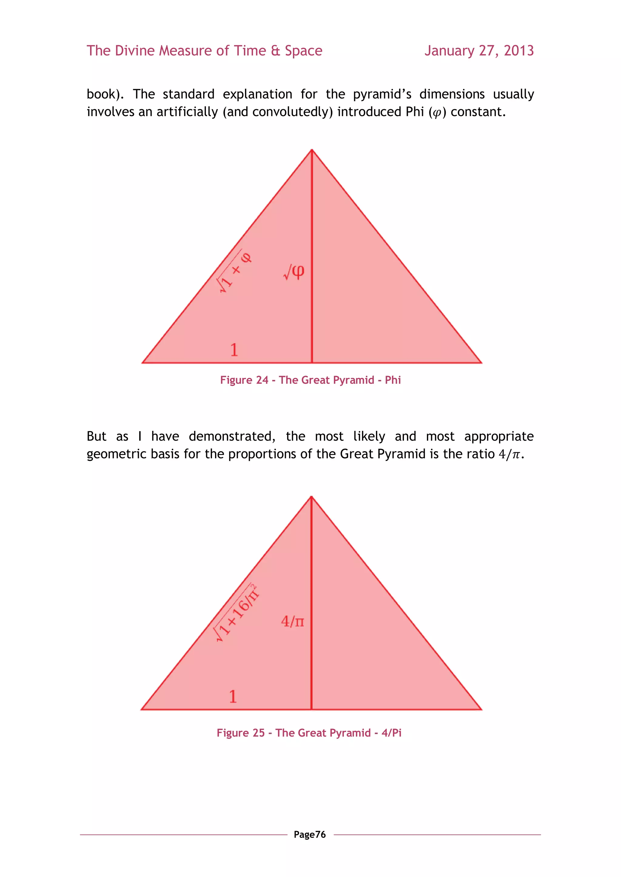 The Divine Measure of Time & Space                         January 27, 2013

book). The standard explanation for the pyramid‘s dimensions usually
involves an artificially (and convolutedly) introduced Phi ( ) constant.




                     Figure 24 - The Great Pyramid - Phi




But as I have demonstrated, the most likely and most appropriate
geometric basis for the proportions of the Great Pyramid is the ratio .




                    Figure 25 - The Great Pyramid - 4/Pi




                                   Page76
 